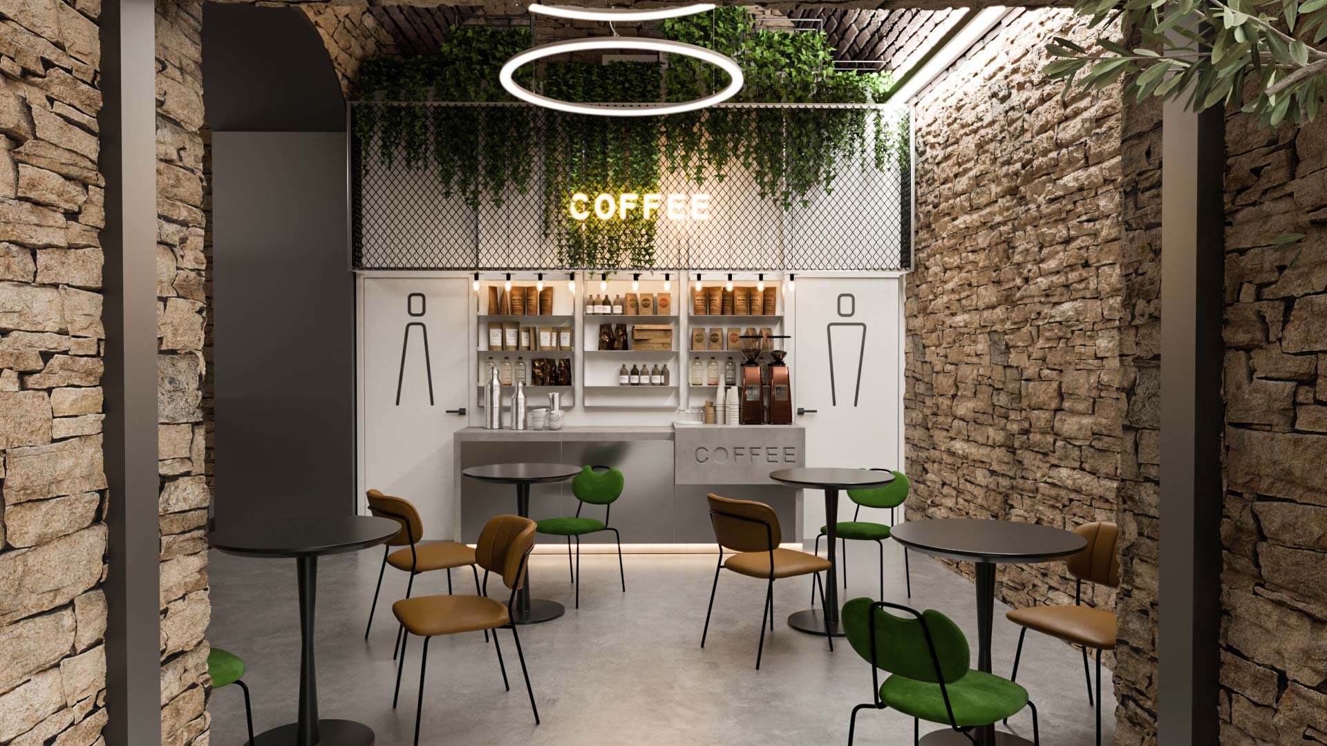 3D visualization of a cafe, with stone walls and modern furniture, in an underground hotel