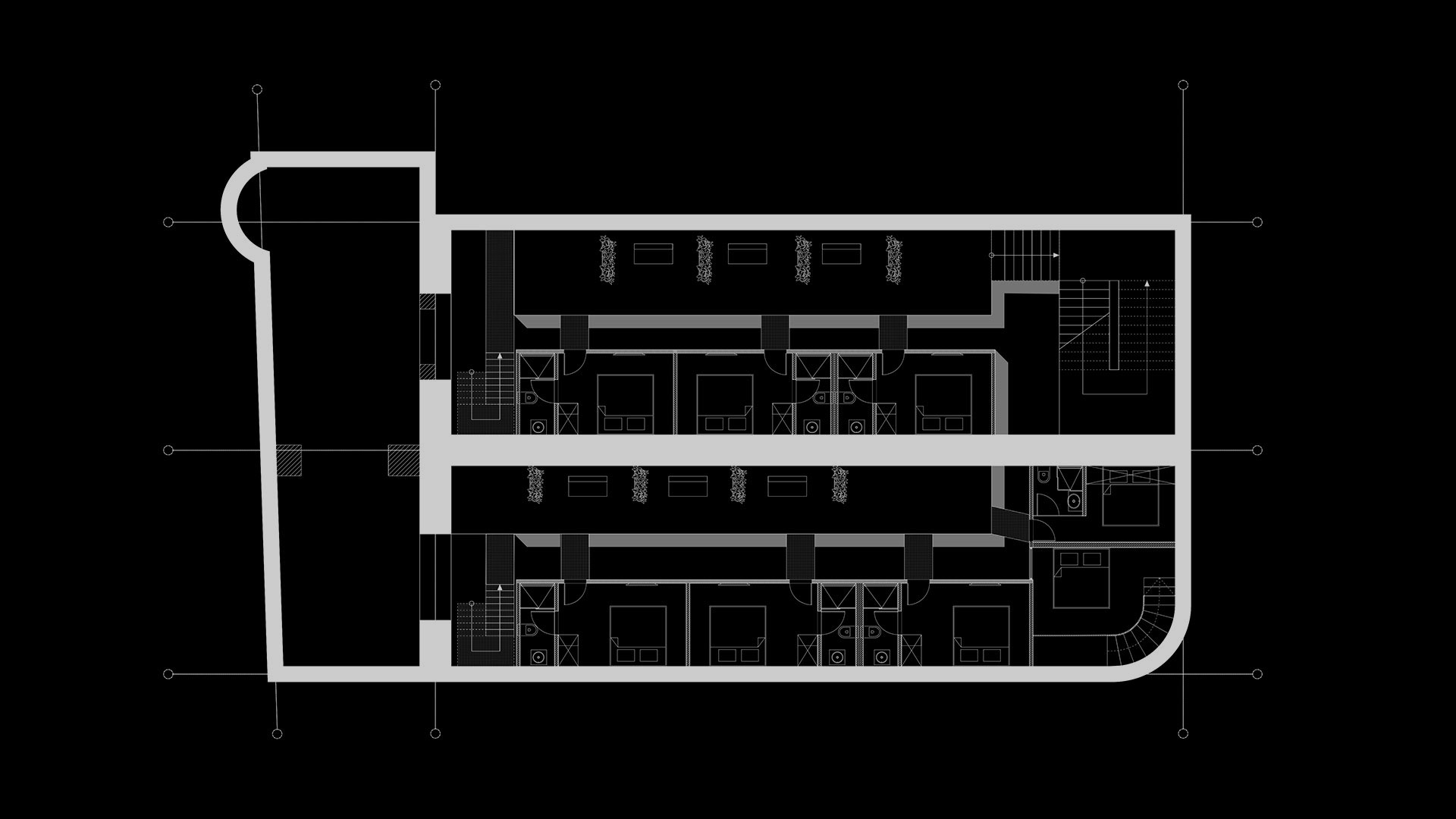 Architectural floor plan of the upper floor in an underground hotel