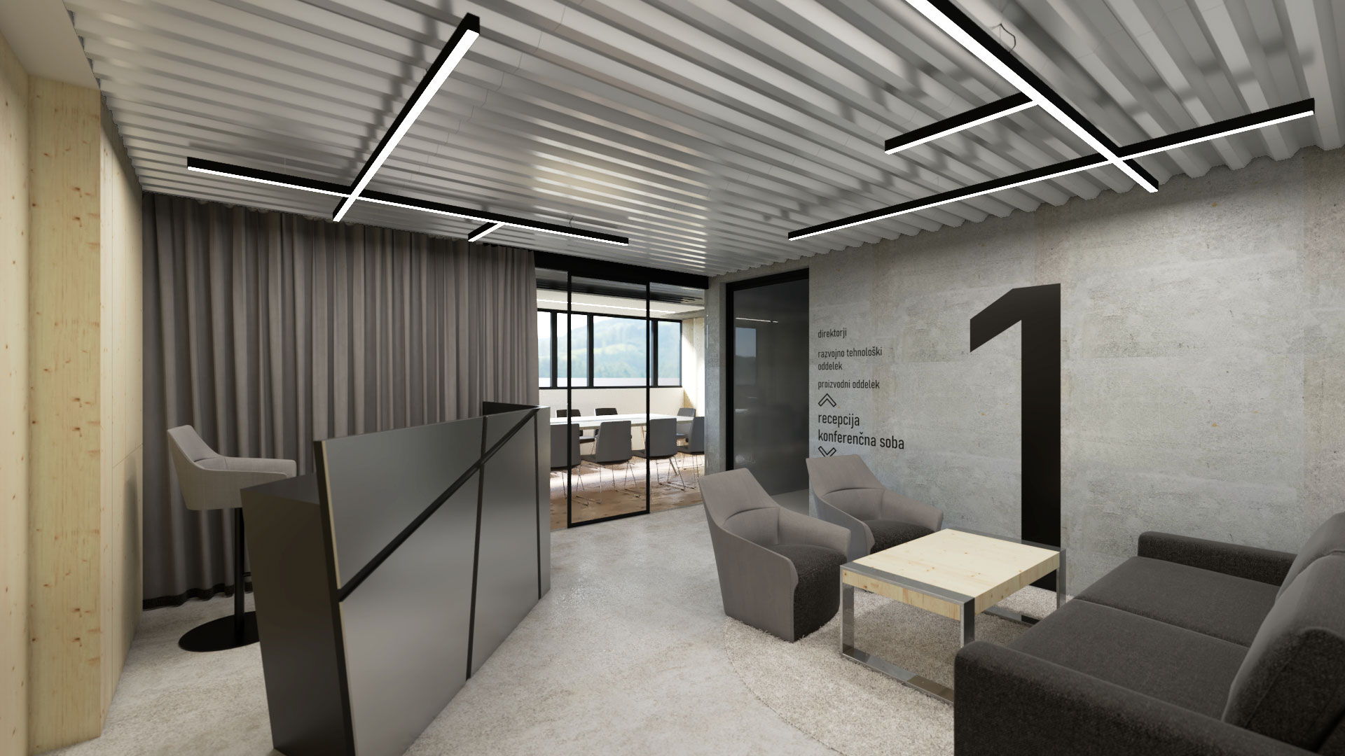 Minimalistično oblikovana recepcija podjetja Duler s prostori za sedenje in prsotorom za sestanke