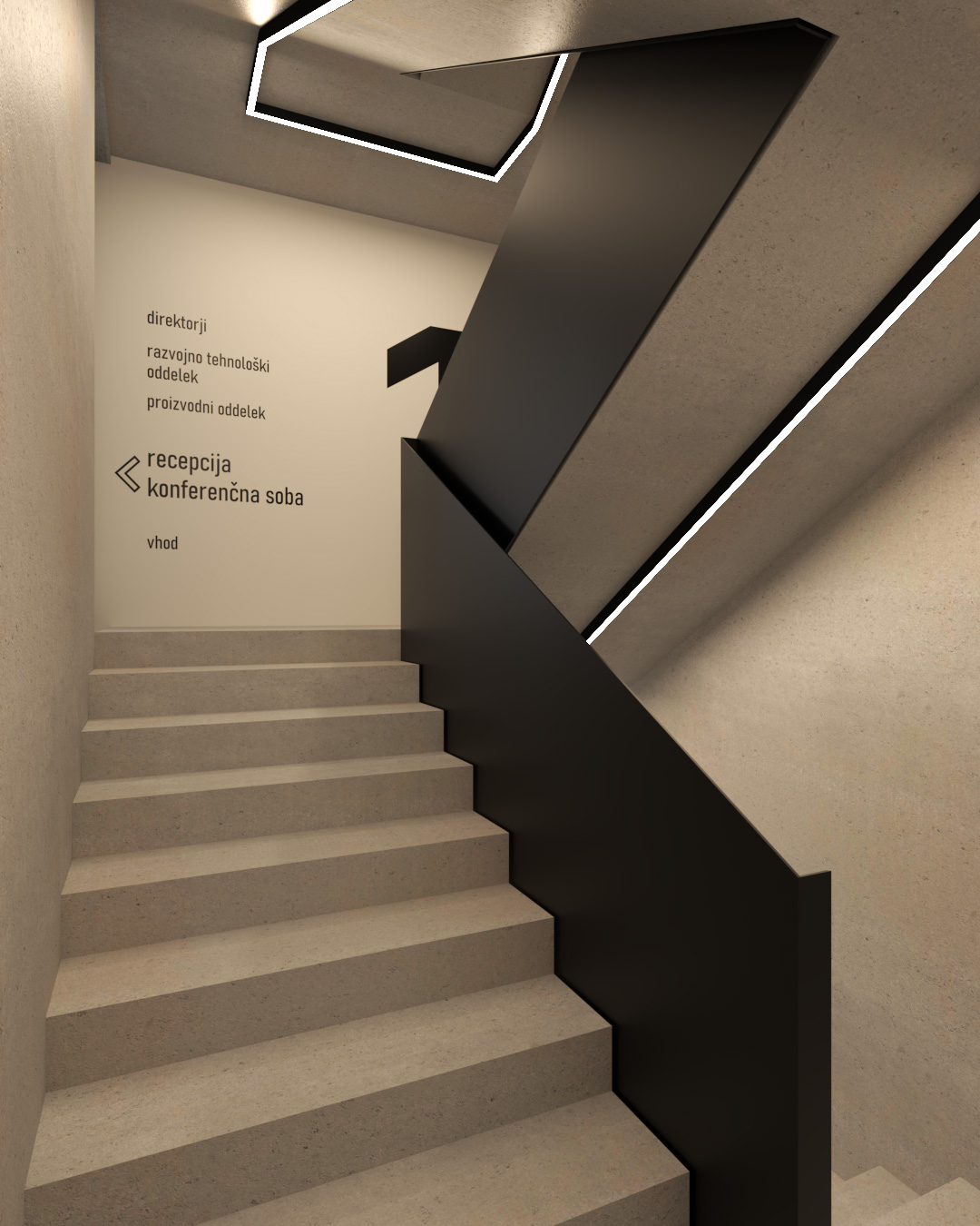 3D izris stopnišča v poslovni stavbi podjetja Duler