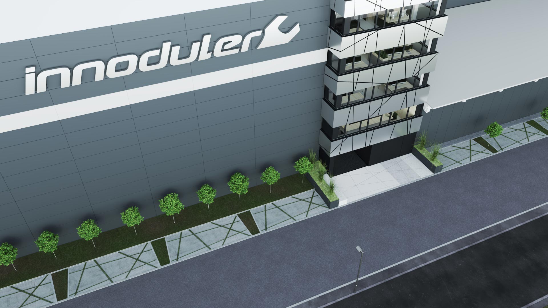 Minimalistically designed Innoduler office building in grey and white