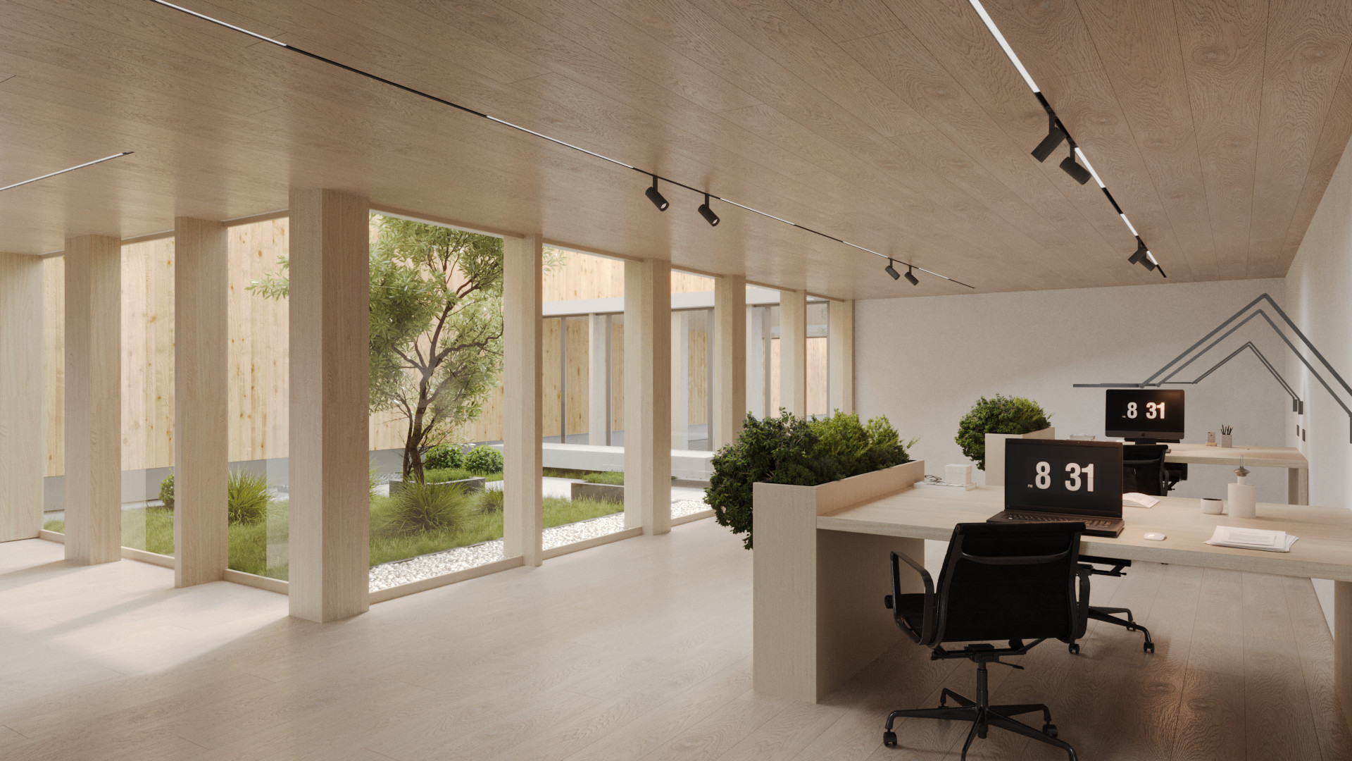 3D vizualizacija interierja poslovnih prostorov z lesenimi mizami, rastlinami in vrtom