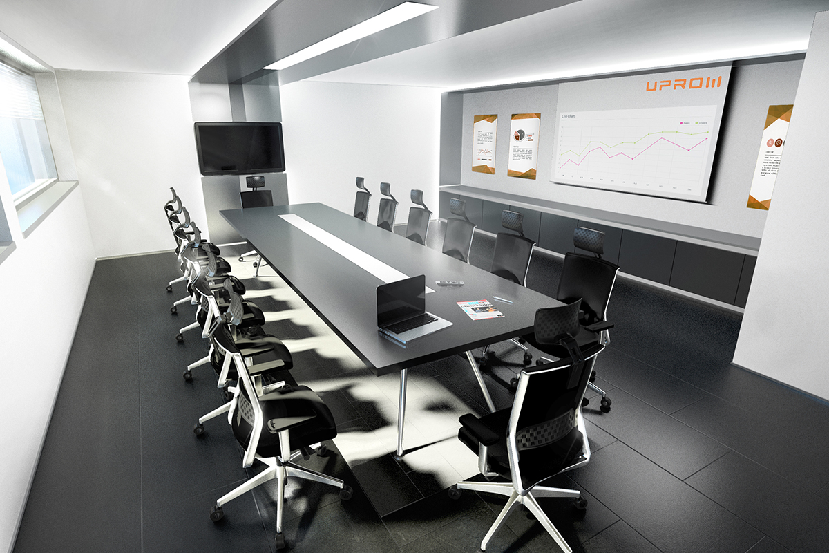 Modern and bright meeting room of the Uprom office building with a long table and office chairs