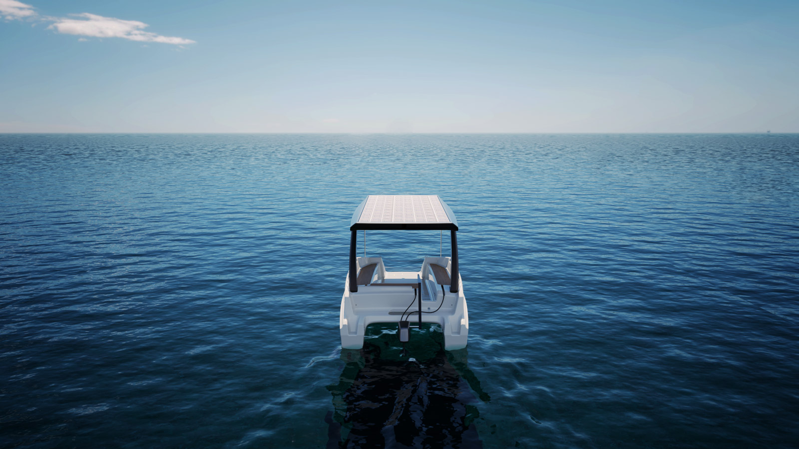 Rear view of a solar-powered catamaran boat design cruising on open water