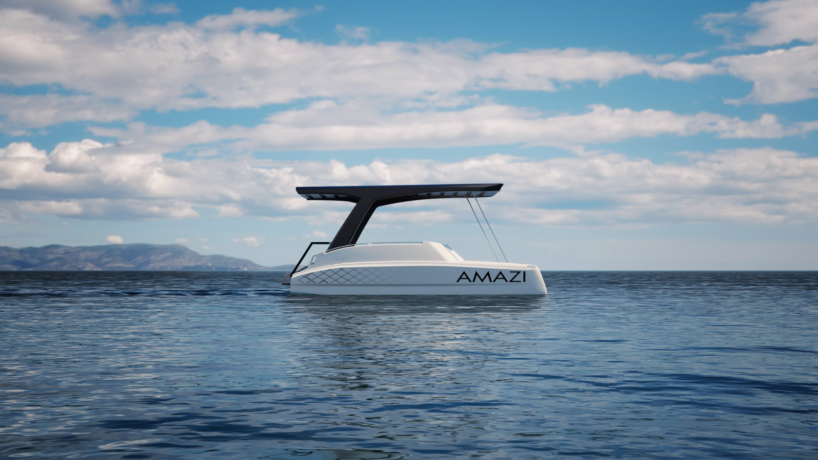 Side view of a compact solar powered catamaran design with minimalistic structure