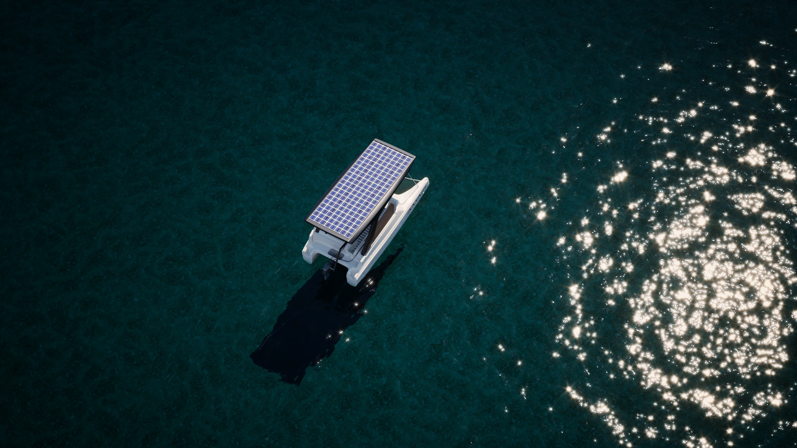 Top view of a catamaran boat cruising on open waters