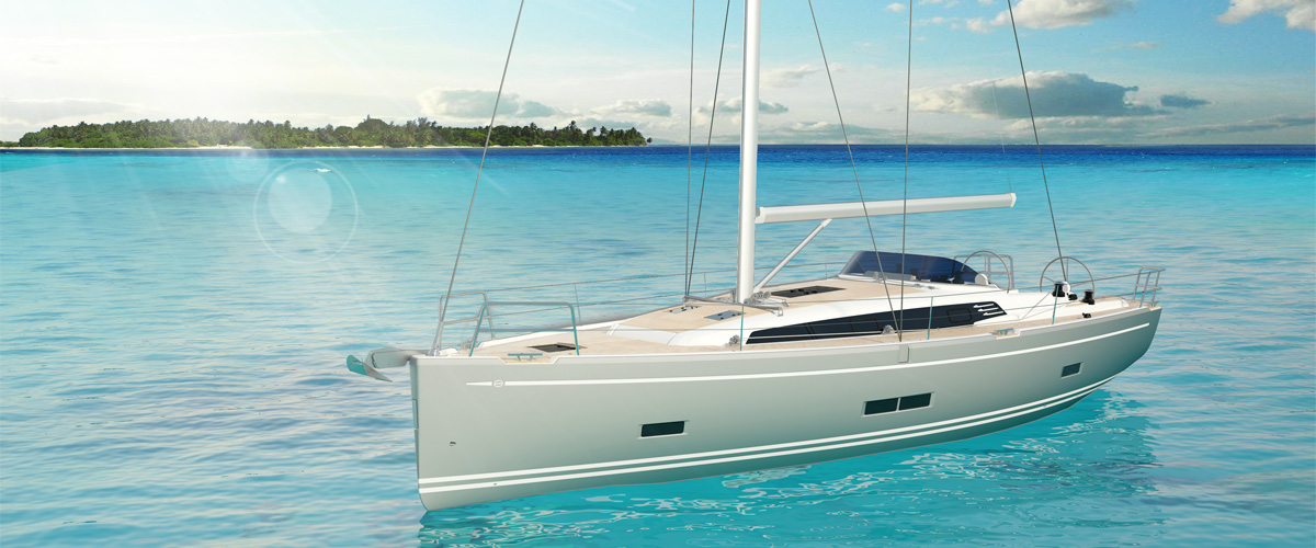 Stranski pogled na sodobno jadrnico, ki plava na kristalno čistem morju zraven otoka