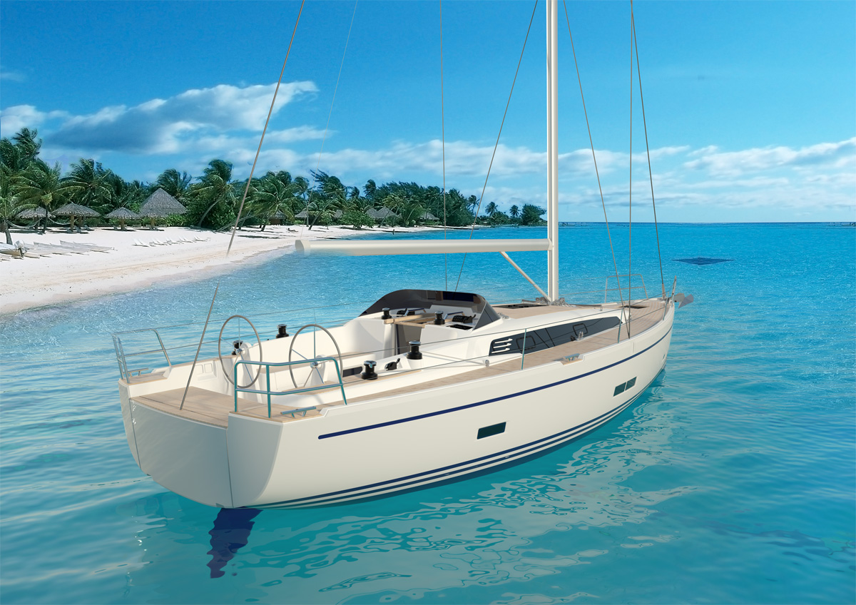 Sodobna jadrnica zasidrana v bližini tropskega otoka