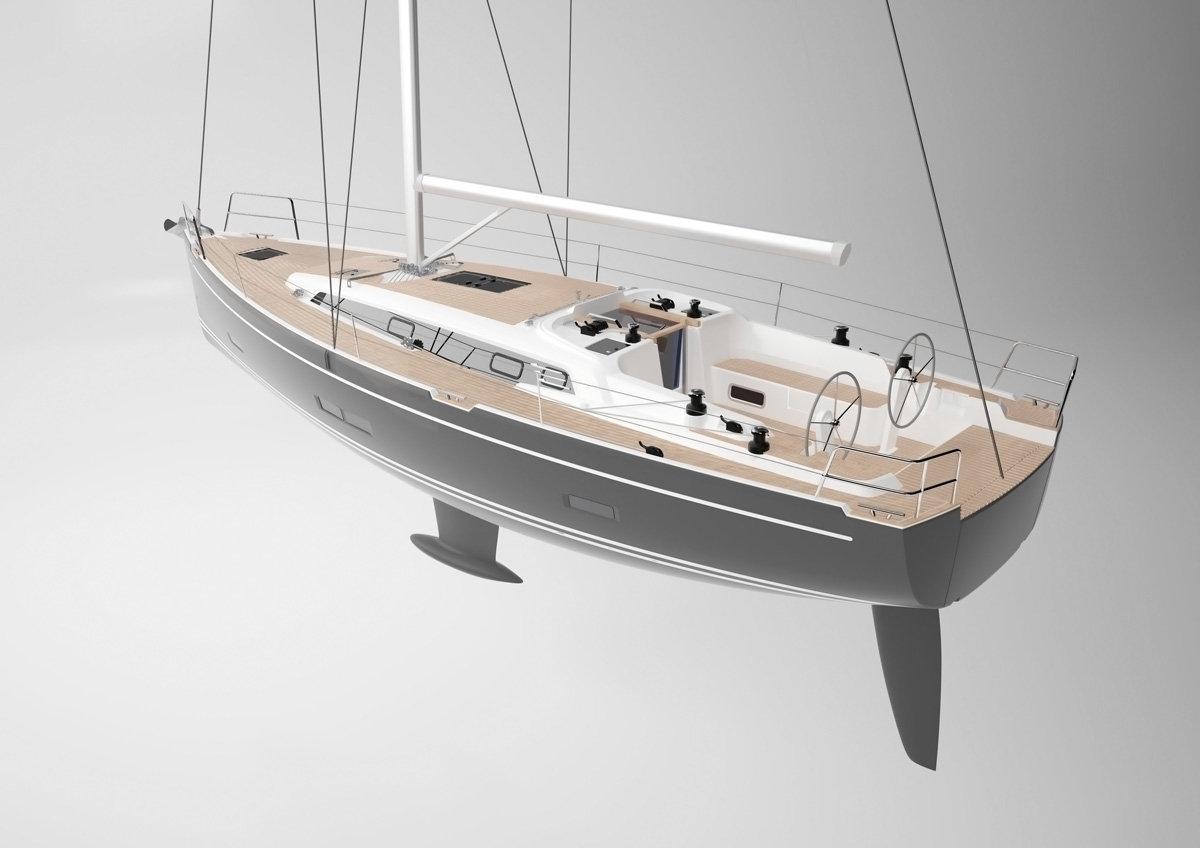 3D vizualizacija sive jadrnice z dvojnim krmilom in leseno palubo