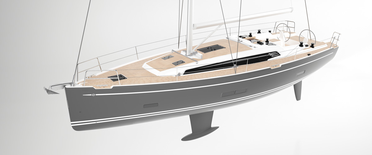 3D vizualizacija stranskega pogleda na jadrnico s sivim trupom na belem ozadju