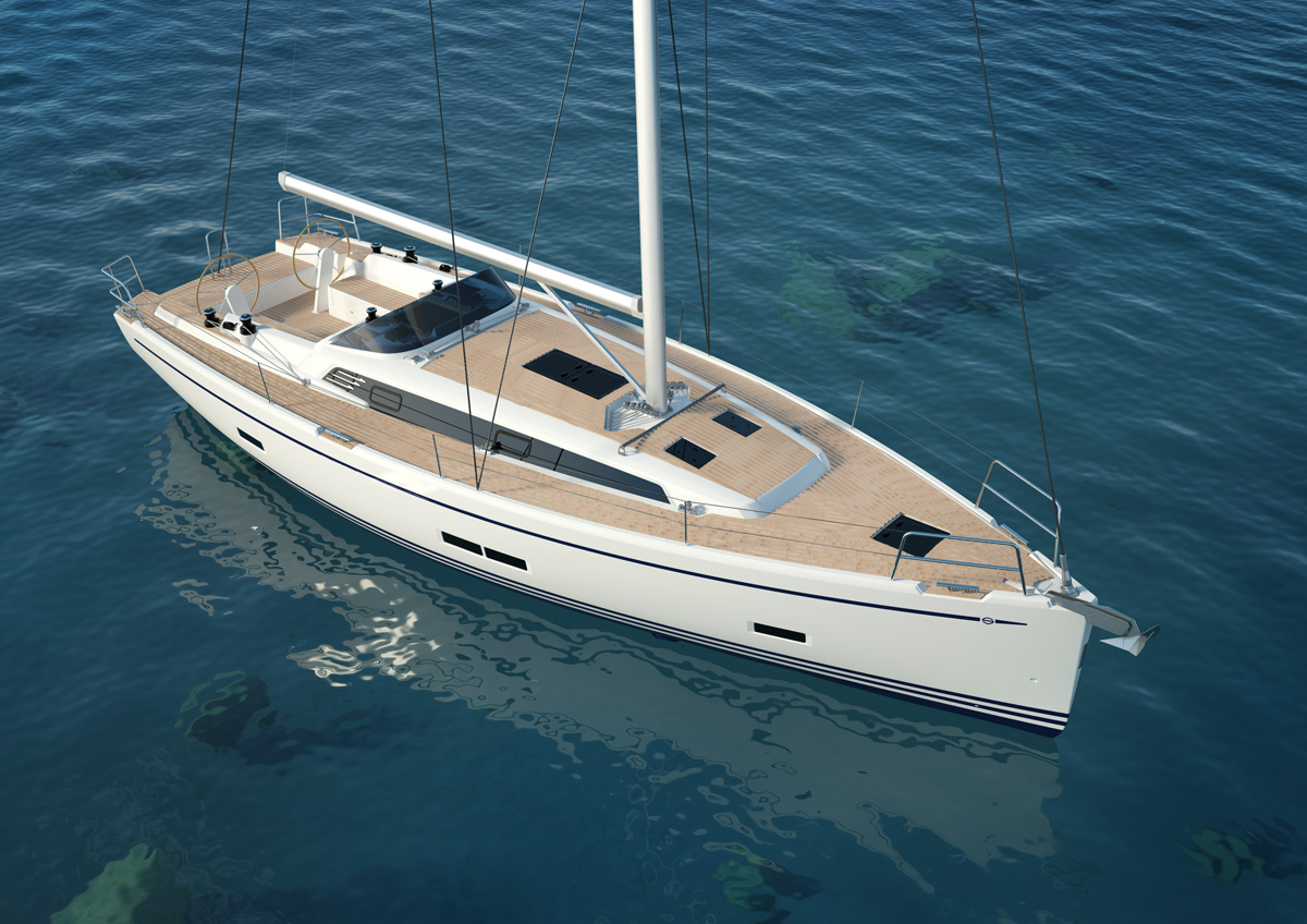 Zgornji pogled na elegantno belo jadrnico z dovjnim krmilom in prostorno palubo