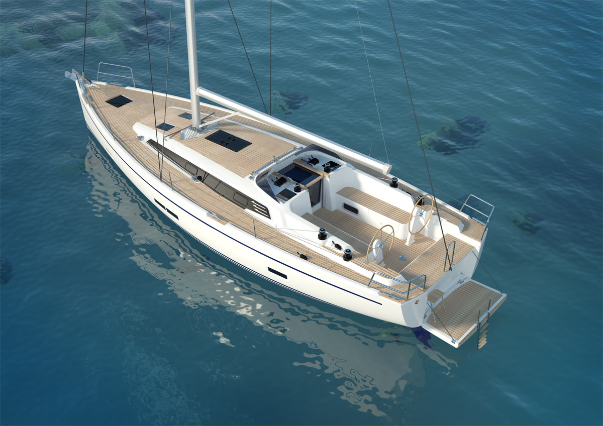 Zgornji pogled na belo jadrnico z lesenimi detajli, dvojnim krmilom in leseno palubo