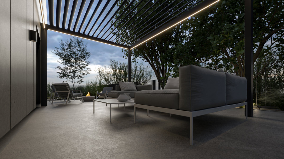 Elegant terrace with slatted canopy, comfortable sofa and coffee table