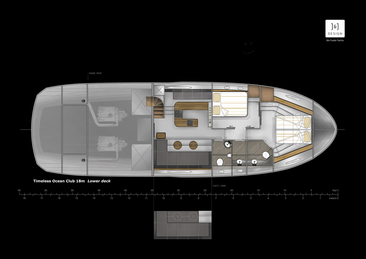 Tloris spodnje palube 18-metrske jahte