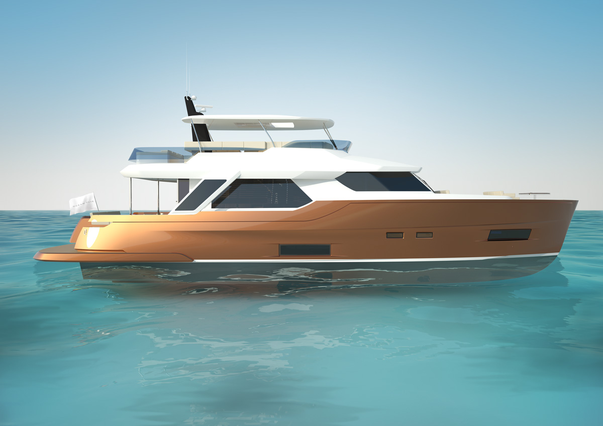 Stranski pogled na belo-rjavo jahto z ostrimi linijami, ki pluje po mirnih vodah