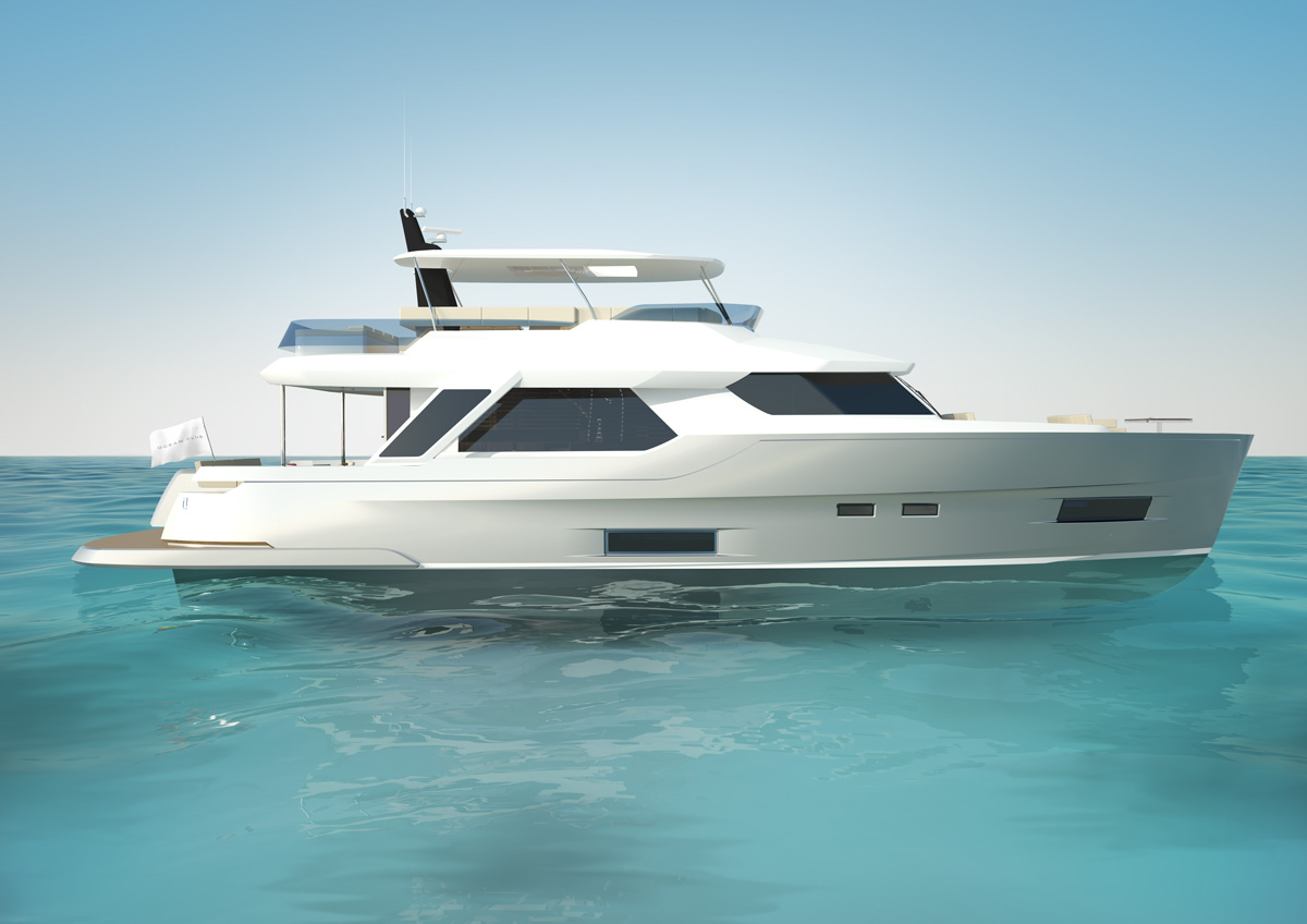 Stranski pogled na belo jahto z ostrimi linijami, ki pluje po mirnih vodah