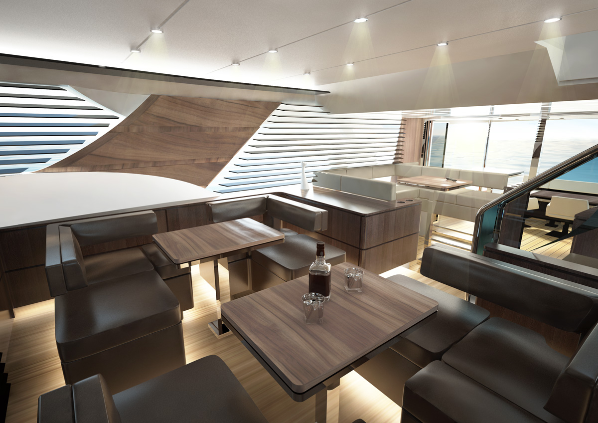 Jedilni prostor luskuzne jahte z oblazinjenimi sedežo in lesenimi mizami