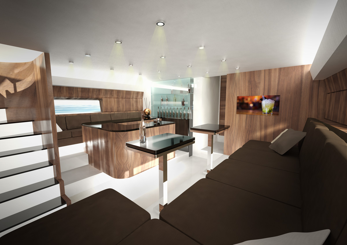 Luksuzen jahtni salon z barom, lesenimi detajli in črno sedežno garnituro