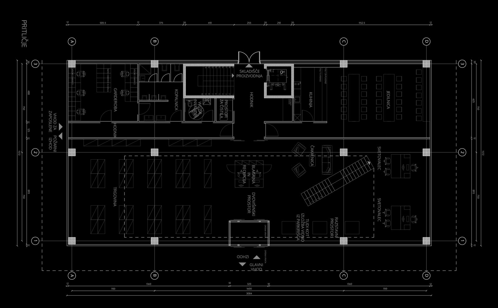 Arhitekturni načrt pritličja poslovnih prostorov podjetja Petrovič