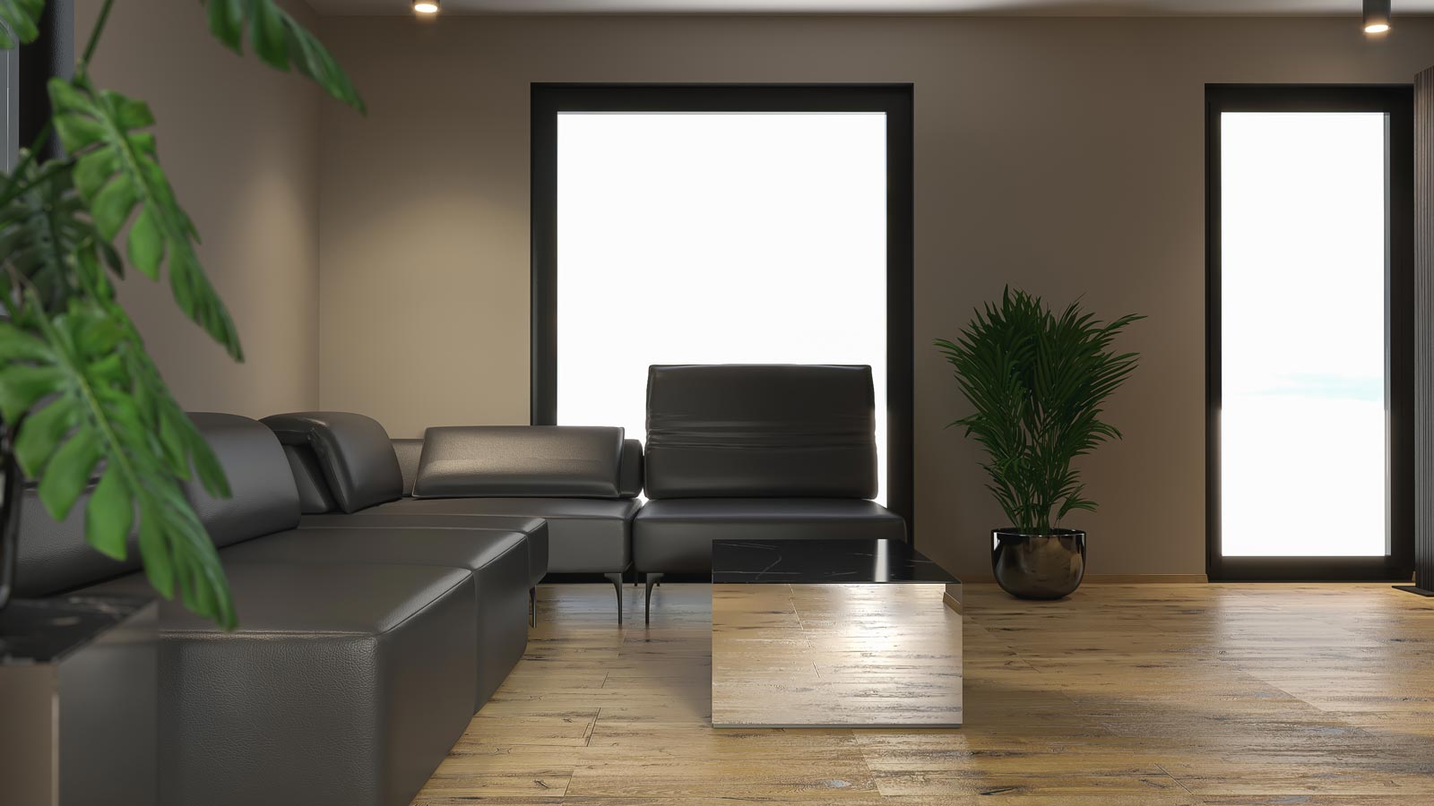 3D vizualizacija dnevne sobe z lesenim parketom in črnim kavčem