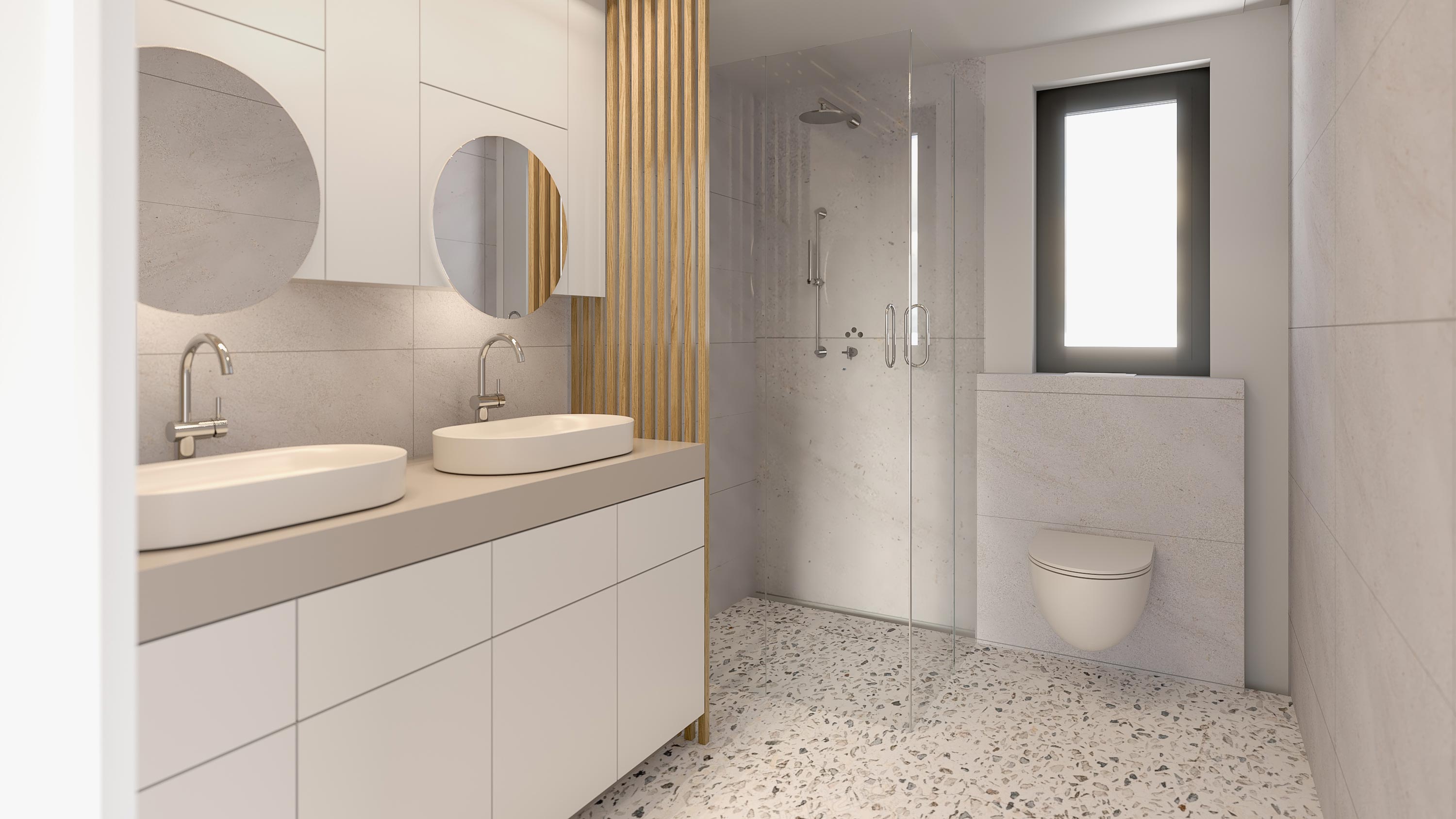 3D vizualizacija minimalistične bele kopalnice z dvojnim umivalnikom, prho in straniščem