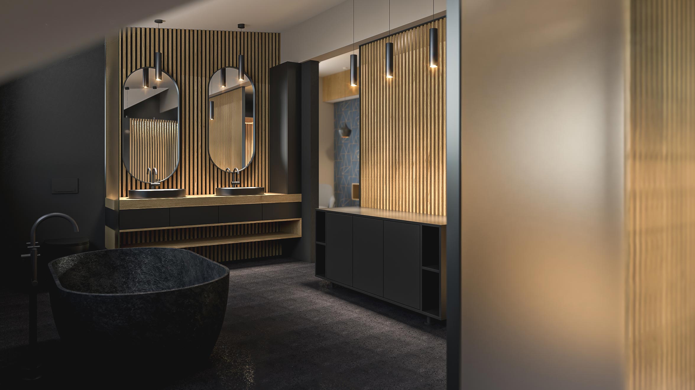 3D izris moderne, lesene kopalnice z dvojnim umivalnikom in črno banjo, primer notranjega oblikovanja prostorov