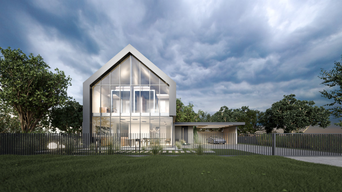 Frontal view of a modern house with a garage, a spacious terrace and a large glass wall