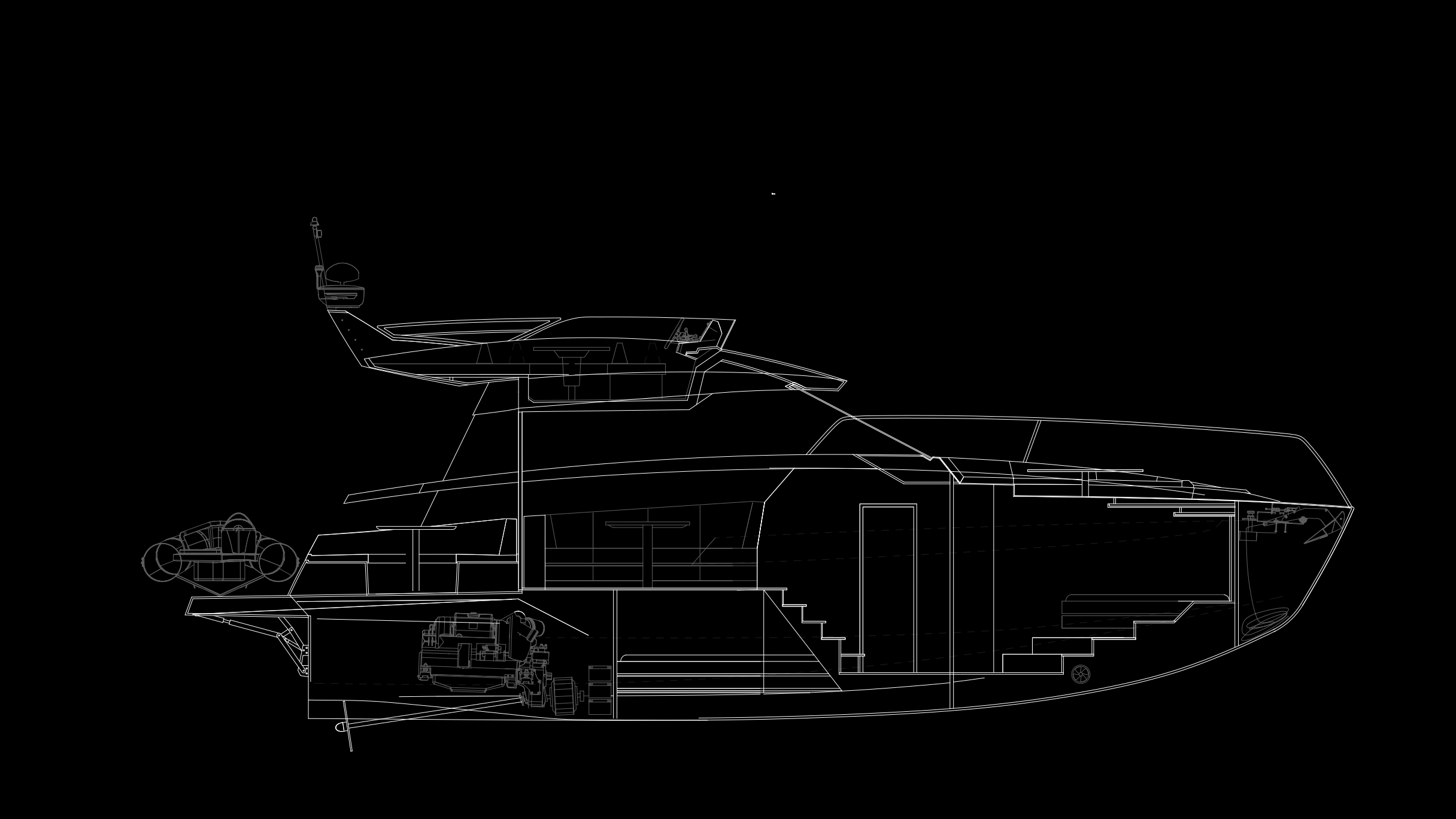 Stranski pogled na načrt notranjosti hibridne jahte
