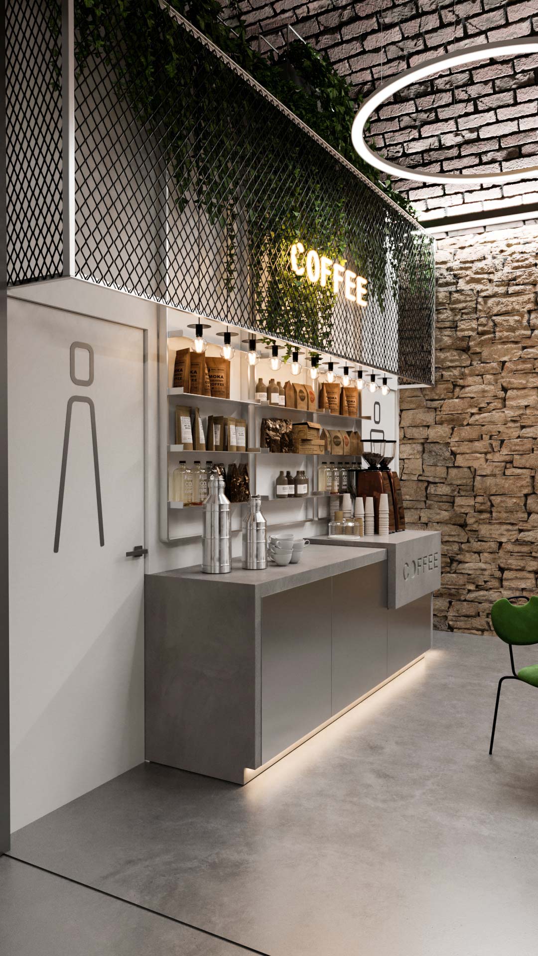 Interior design of a cafe with a bar in an underground hotel