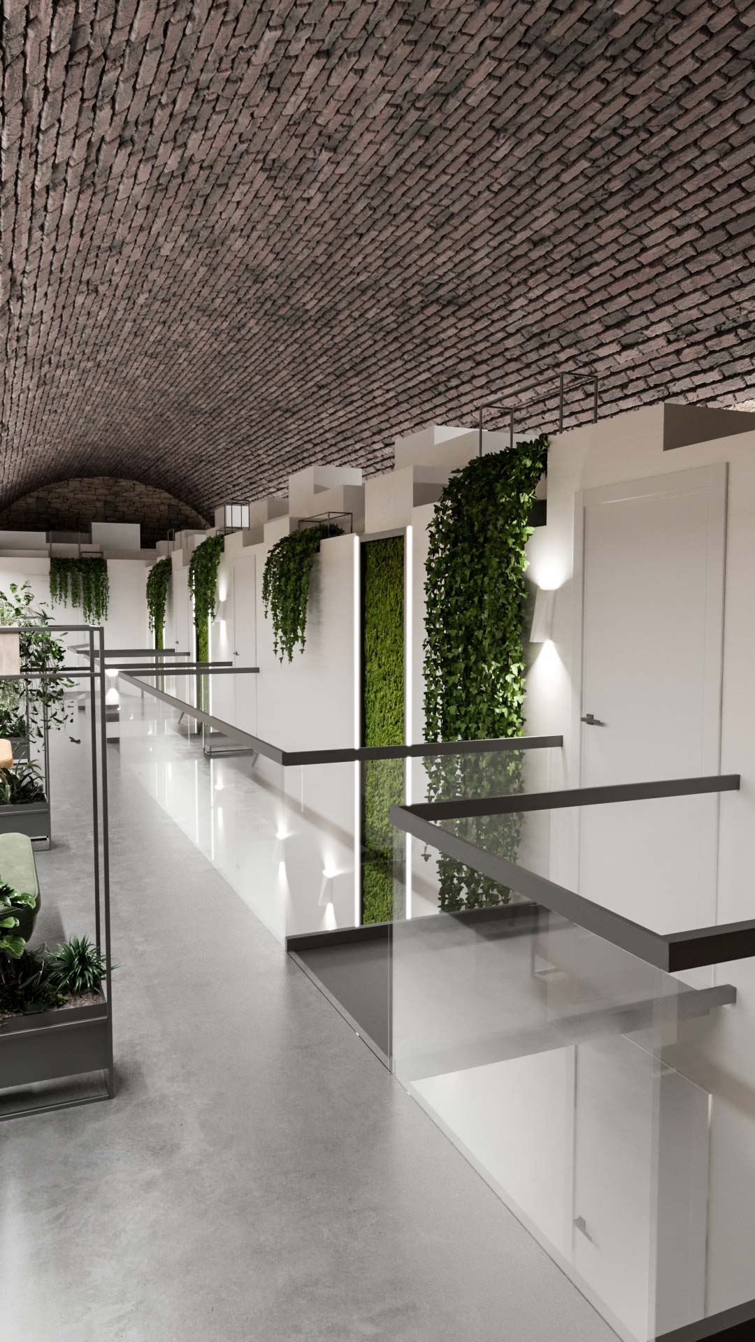 White hallway with stone vaulted ceiling, decorated with plants, in an underground hotel