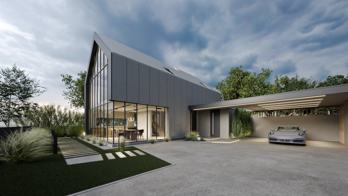 Arhitekturna 3D vizualizacija hiše z moderno sivo fasado, osvetljeno garažo in zelenim vrtom