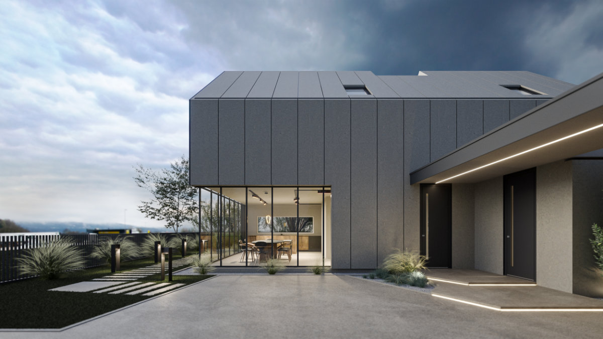 3D rendering of the entrance of a modern grey house with a terrace and glass doors