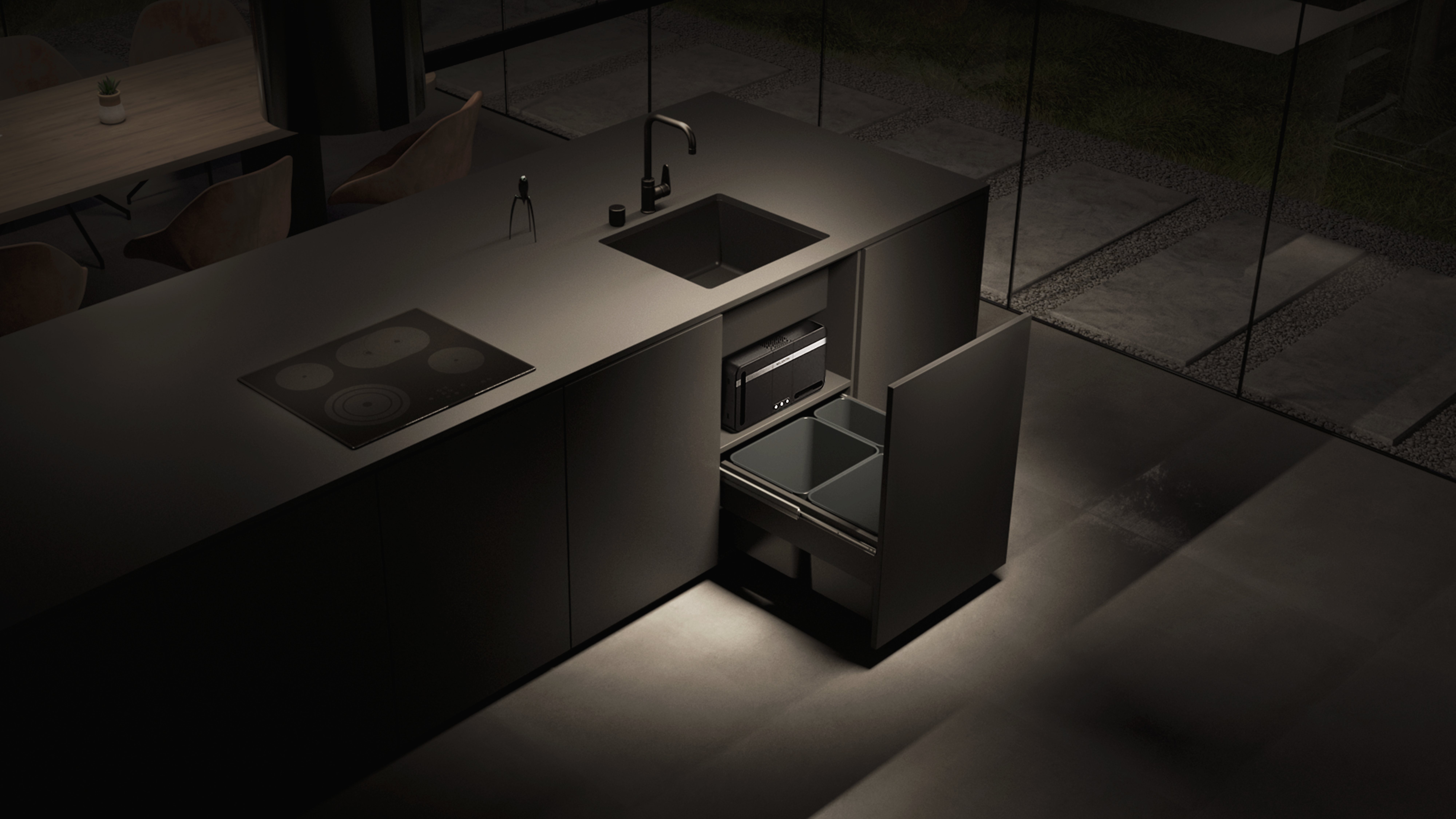 Valentin bin pod umivalnikom v temni kuhinji ponoči