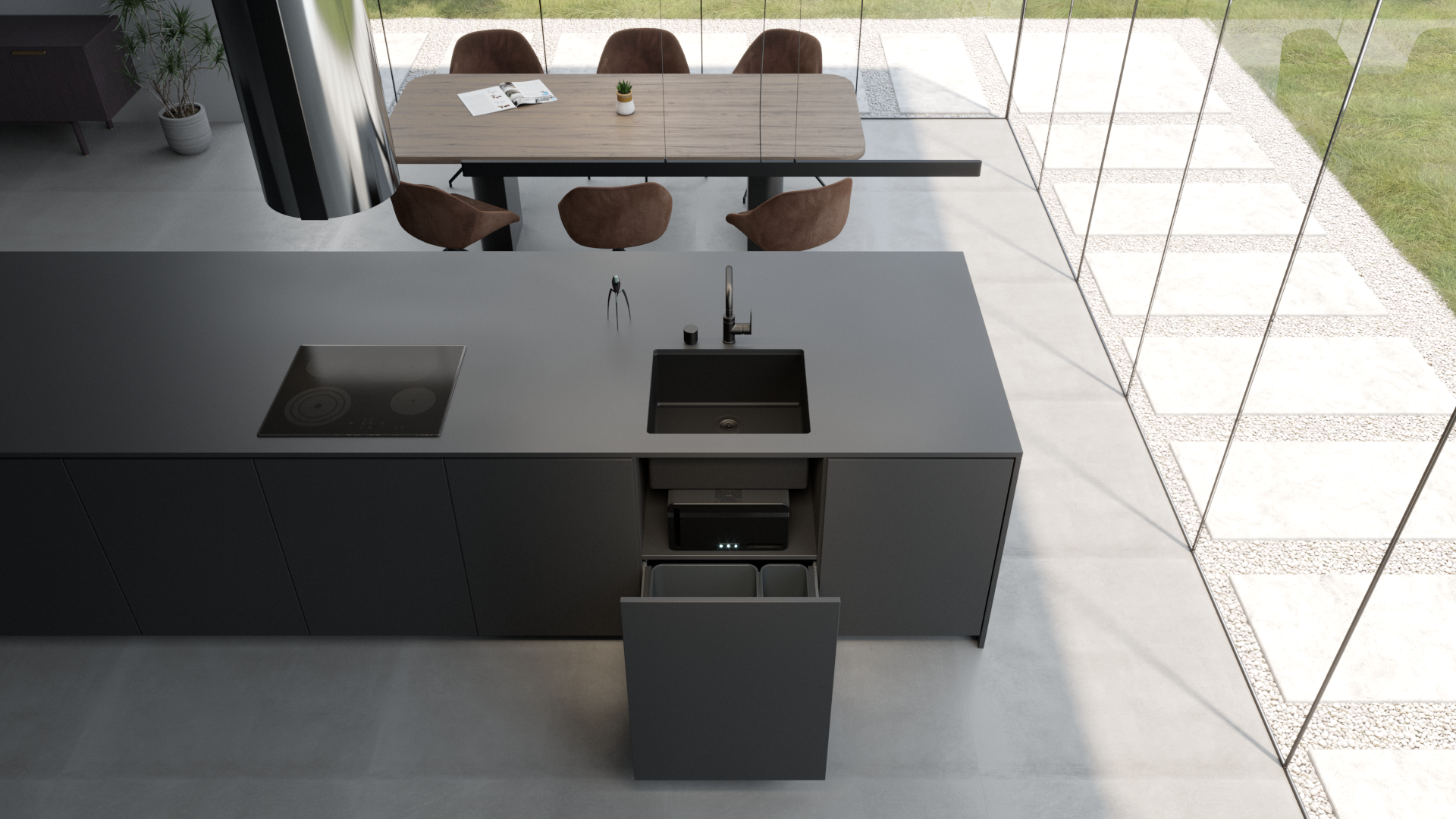 Valentin FGR pod črnim kuhinjskim umivalnikom v svetli kuhinji s črnim pultom