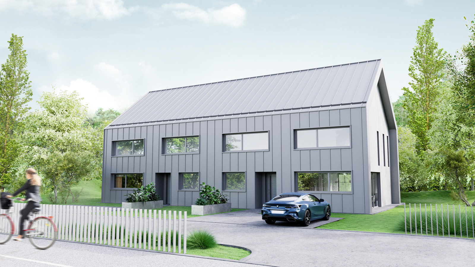 A gray duplex with a terrace and a car parked in front of it