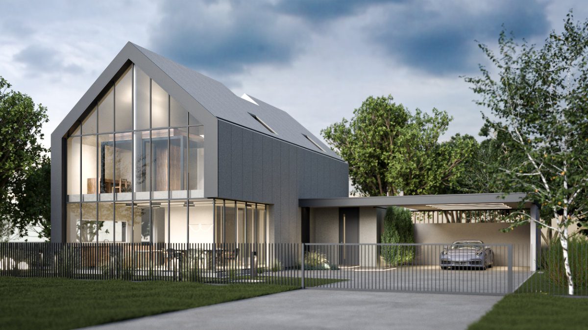 Gray house with wooden walls, an outdoor garage and a terrace