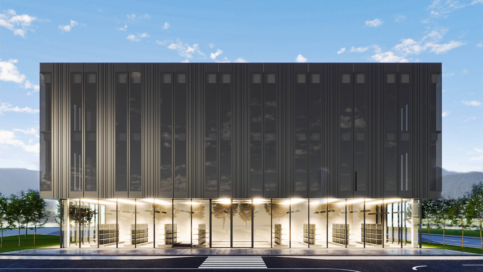 Petrovič office building with a black facade and a parking lot