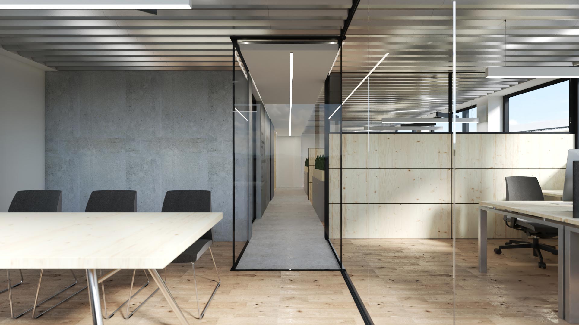 Duler company office spaces with wooden floors and gray and glass walls