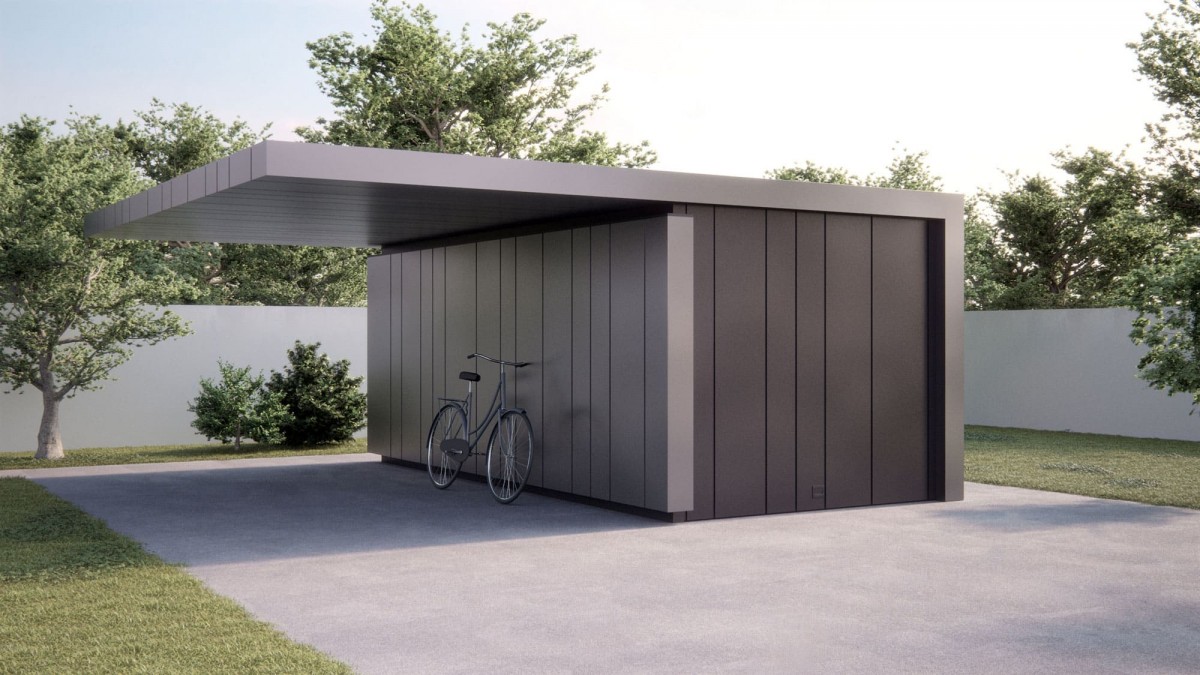 A gray garage in a terrace with a bike underneath it