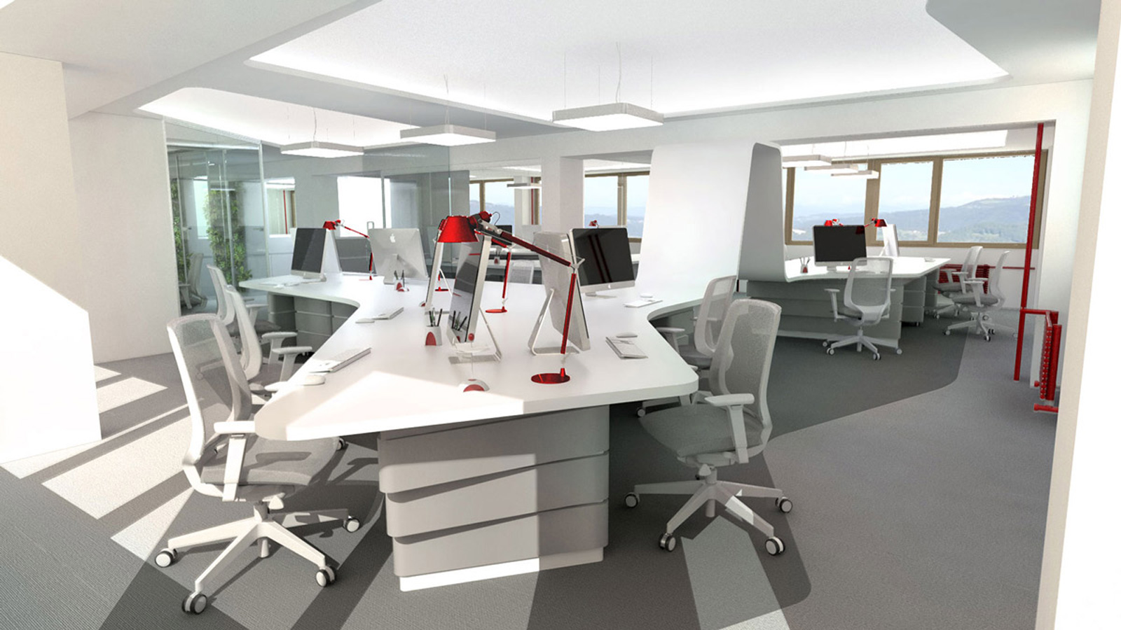 3D render of the Livar office space with white tables, office chairs and a red lamp.