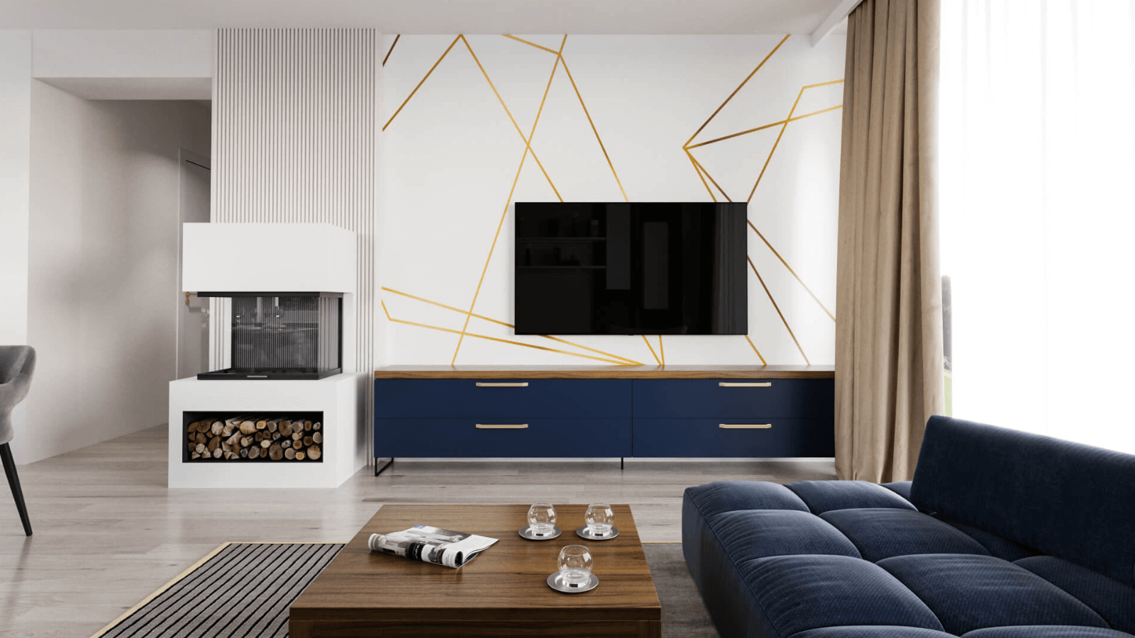 RD apartment with lots of natural light, white-golden walls, a blue sofa, a wooden coffee table and blue drawers.