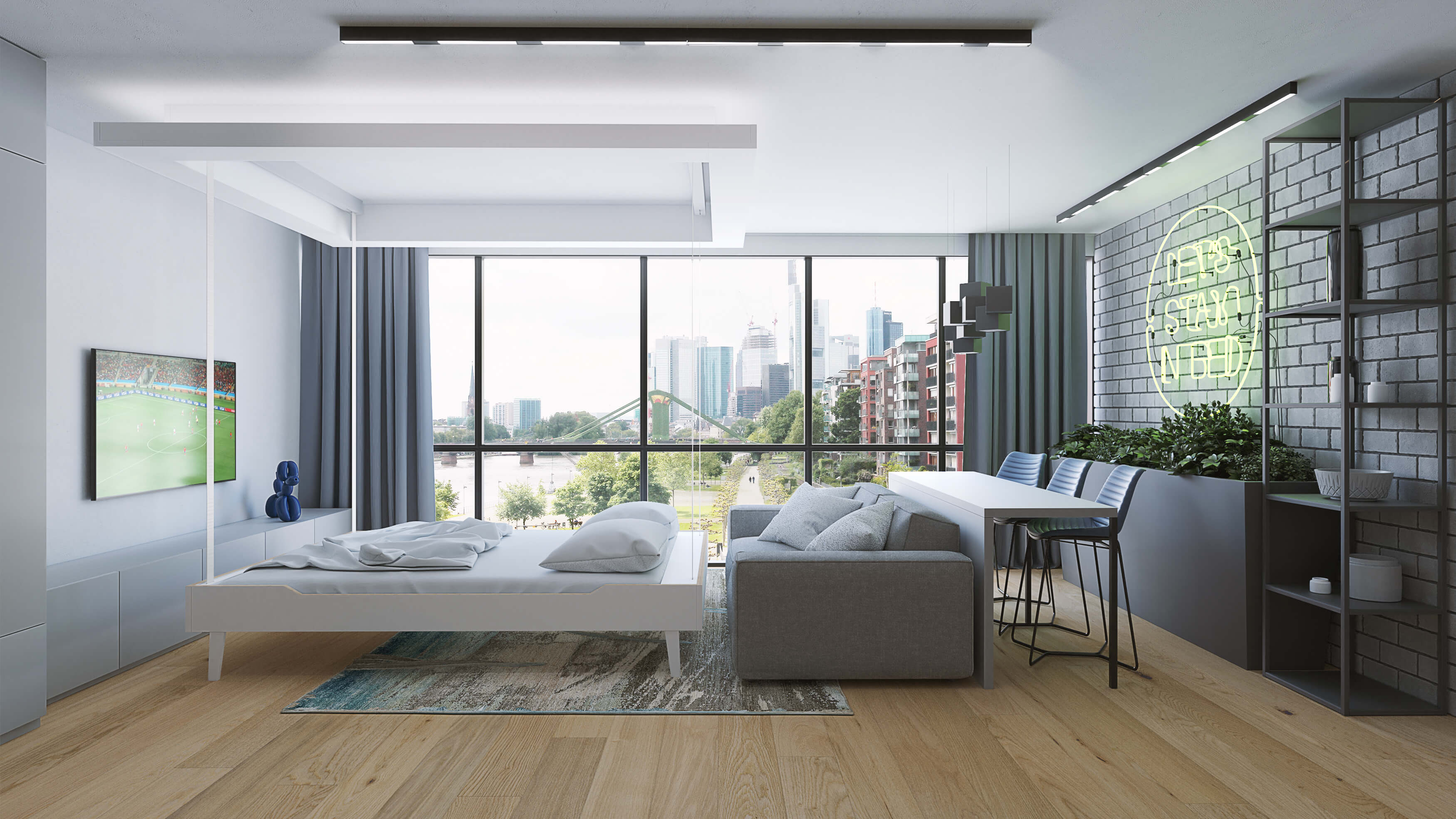 Living room with a bed hanging from the ceiling