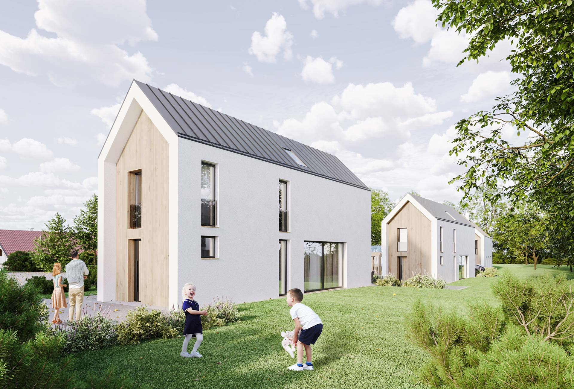 White tall house with a grey roof and a garden with children playing in it