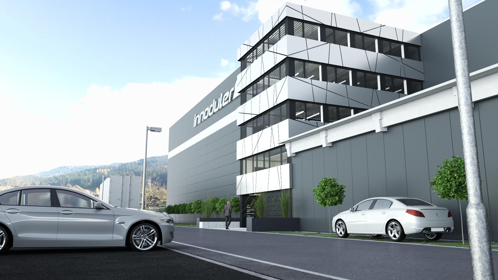 3D visualization of the Duler office building with a gray facade and a parking lot