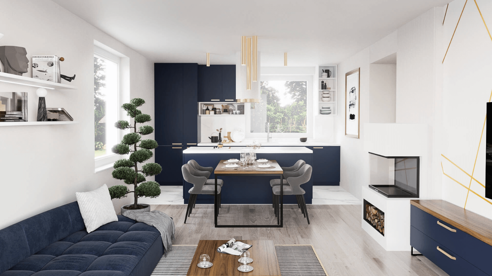 Dnevna soba z modro sofo zraven kuhinje z leseno jedilno mizo, kuhinjskim otokom in veliko rastlino